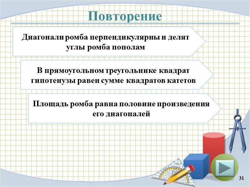 Повторение 31 Диагонали ромба перпендикулярны и делят углы ромба пополам В прямоугольном треугольнике квадрат